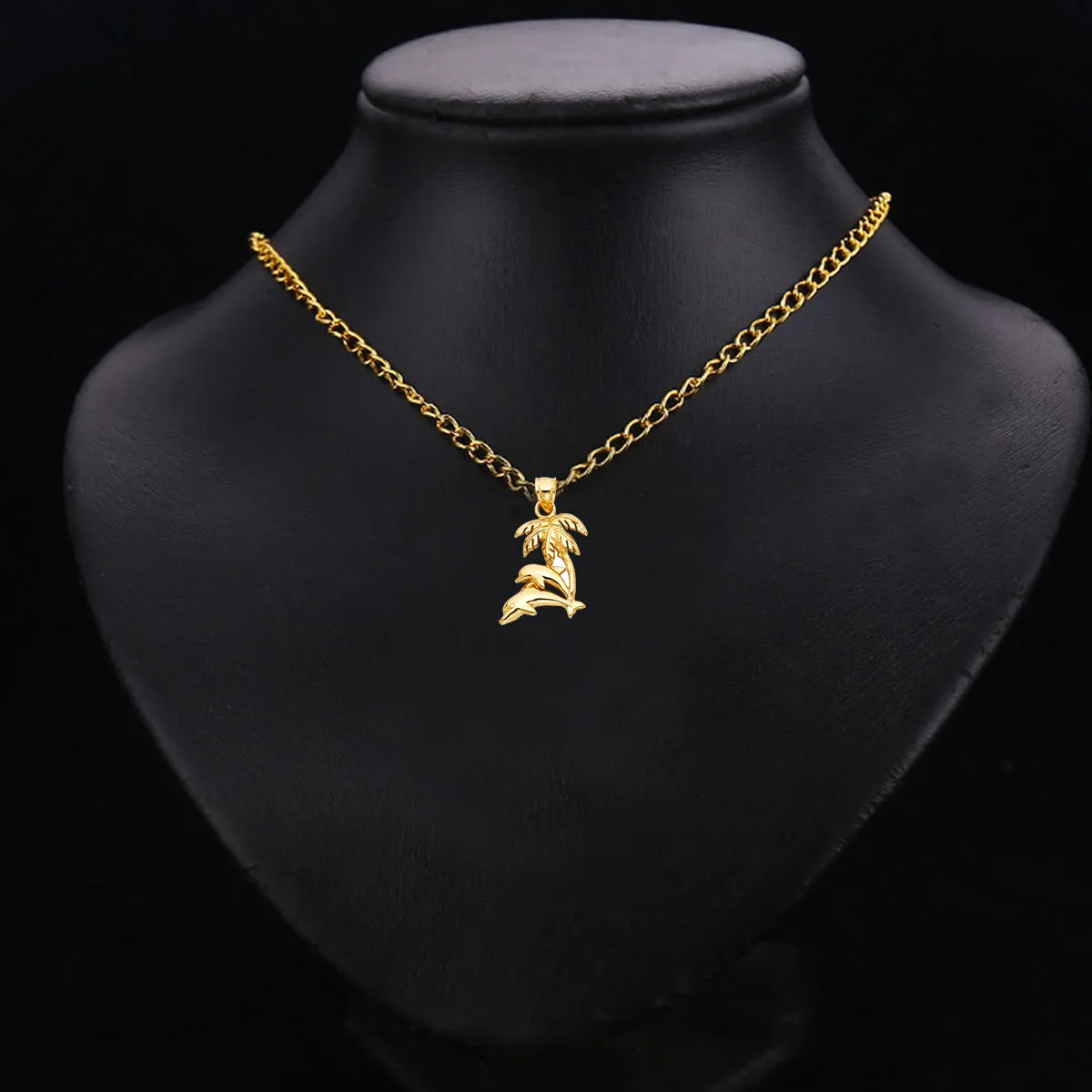 14K Yellow Gold Dolphin with Palm Tree Pendant