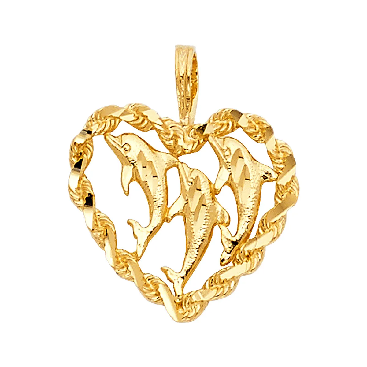14K Yellow Gold Heart with Dolphin Pendant