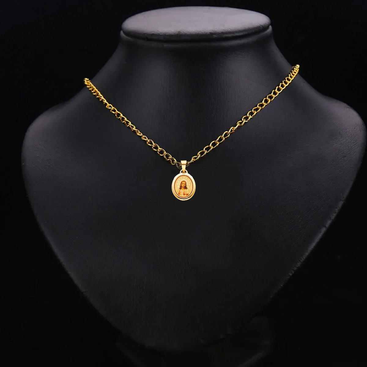 14K Yellow Gold Jesus Heart Enamel Picture Religious Pendant