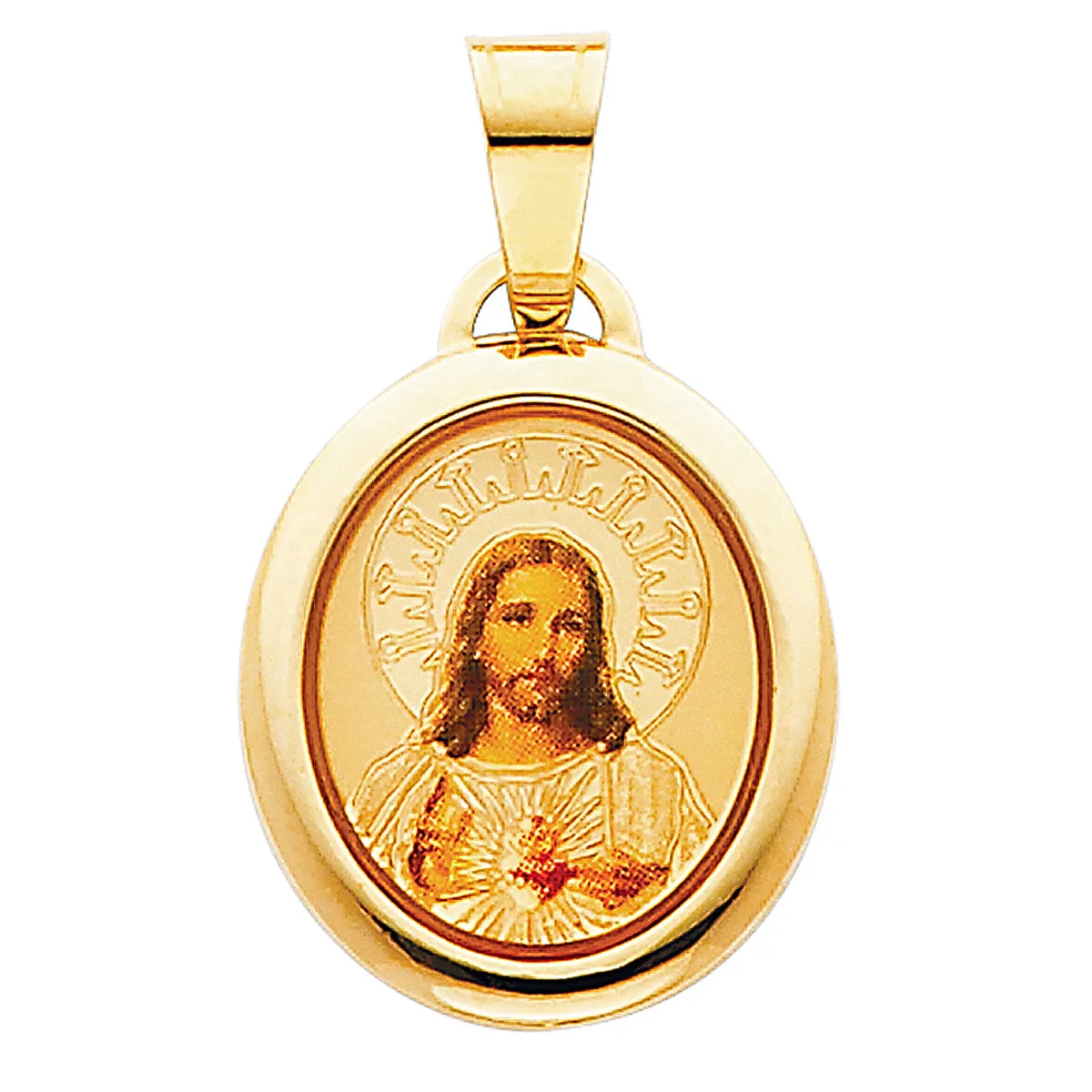 14K Yellow Gold Jesus Heart Enamel Picture Religious Pendant