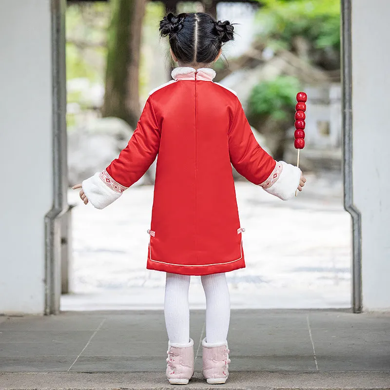 Floral Embroidery Wadded Kid's Cheongsam Traditional Chinese Dress