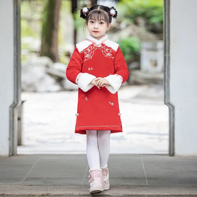 Floral Embroidery Wadded Kid's Cheongsam Traditional Chinese Dress