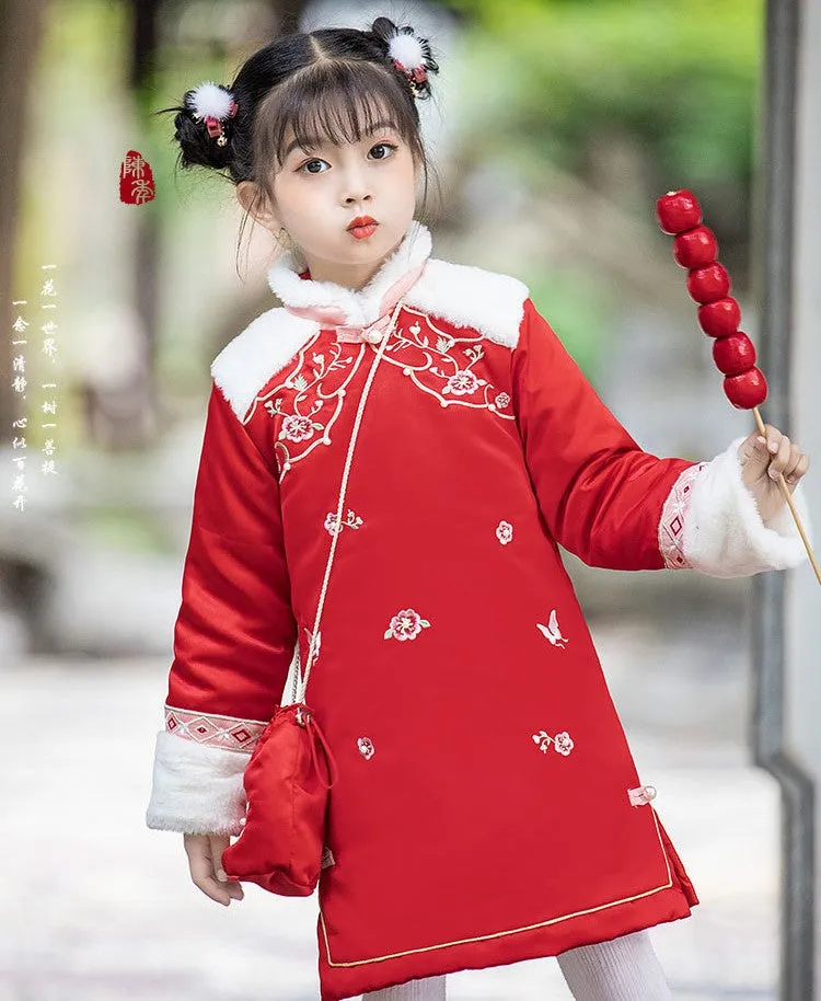 Floral Embroidery Wadded Kid's Cheongsam Traditional Chinese Dress