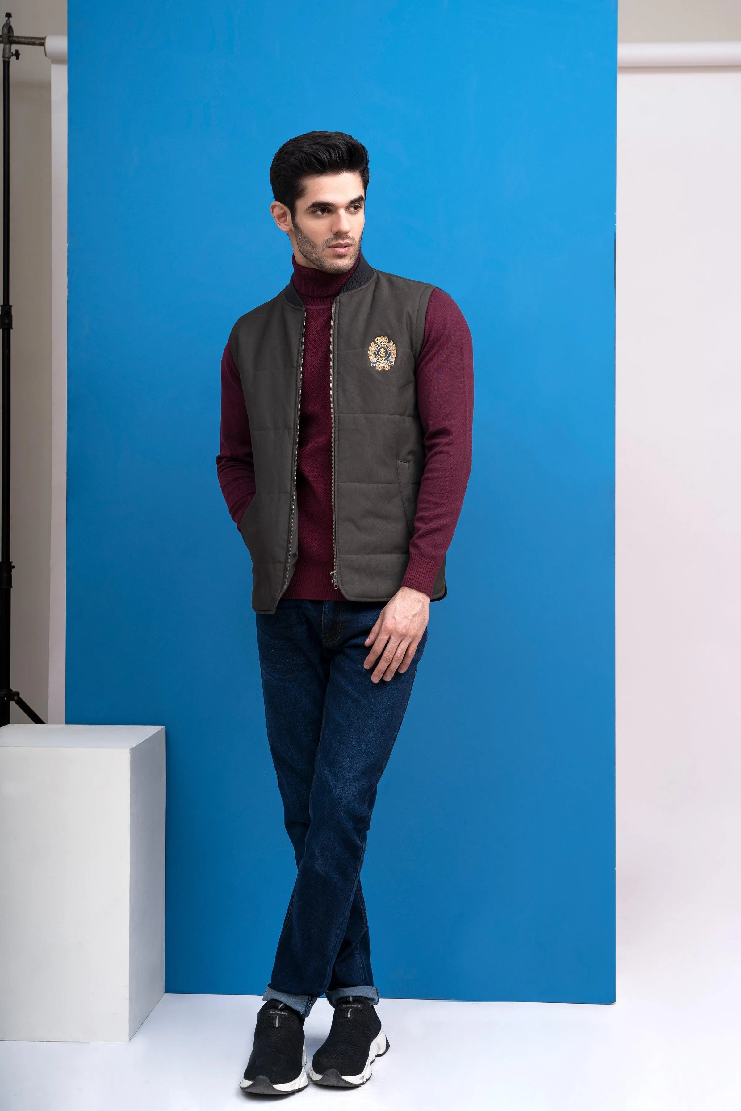 JACKET QUILTED WITH RIB BAN S/L OLIVE GREY