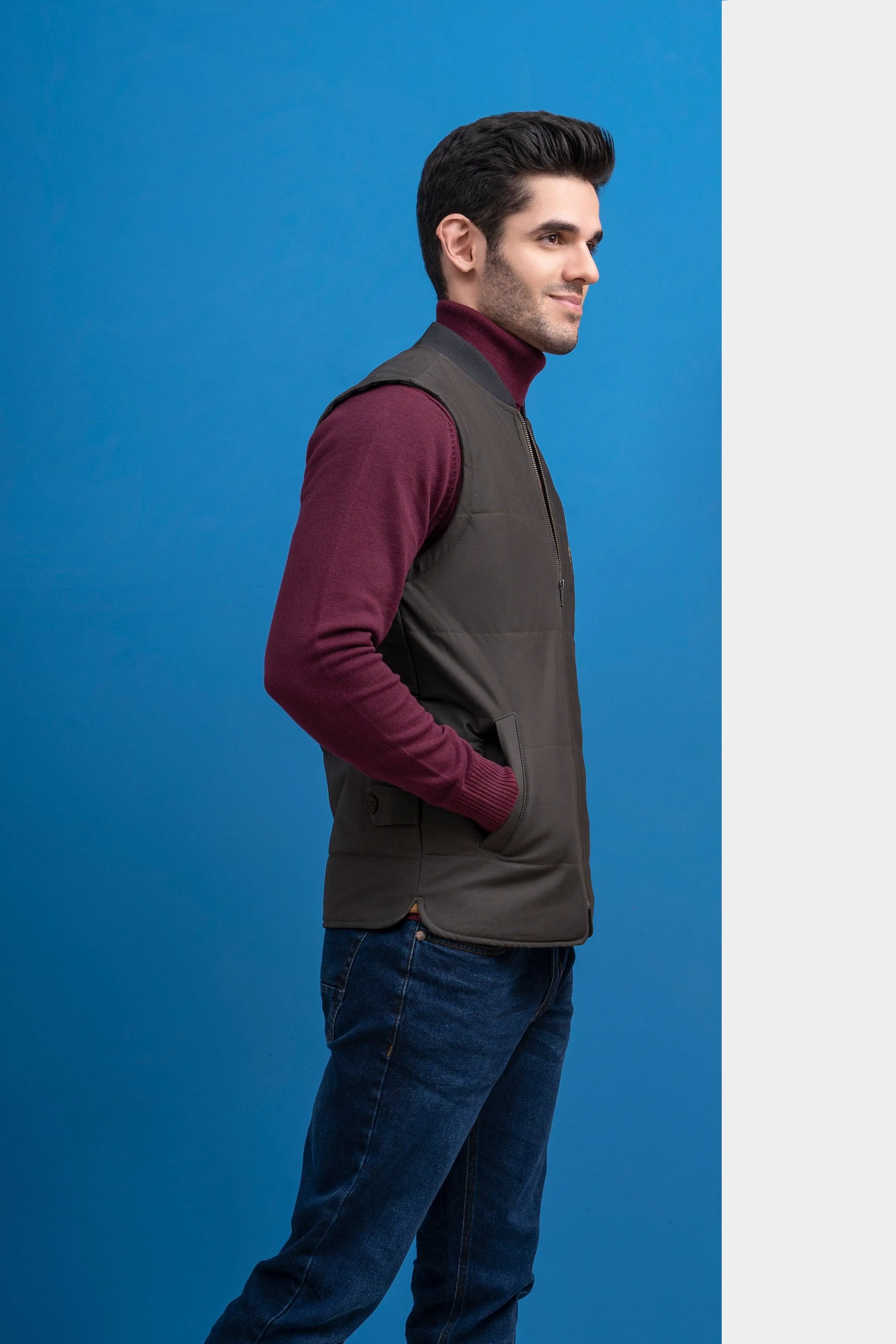 JACKET QUILTED WITH RIB BAN S/L OLIVE GREY