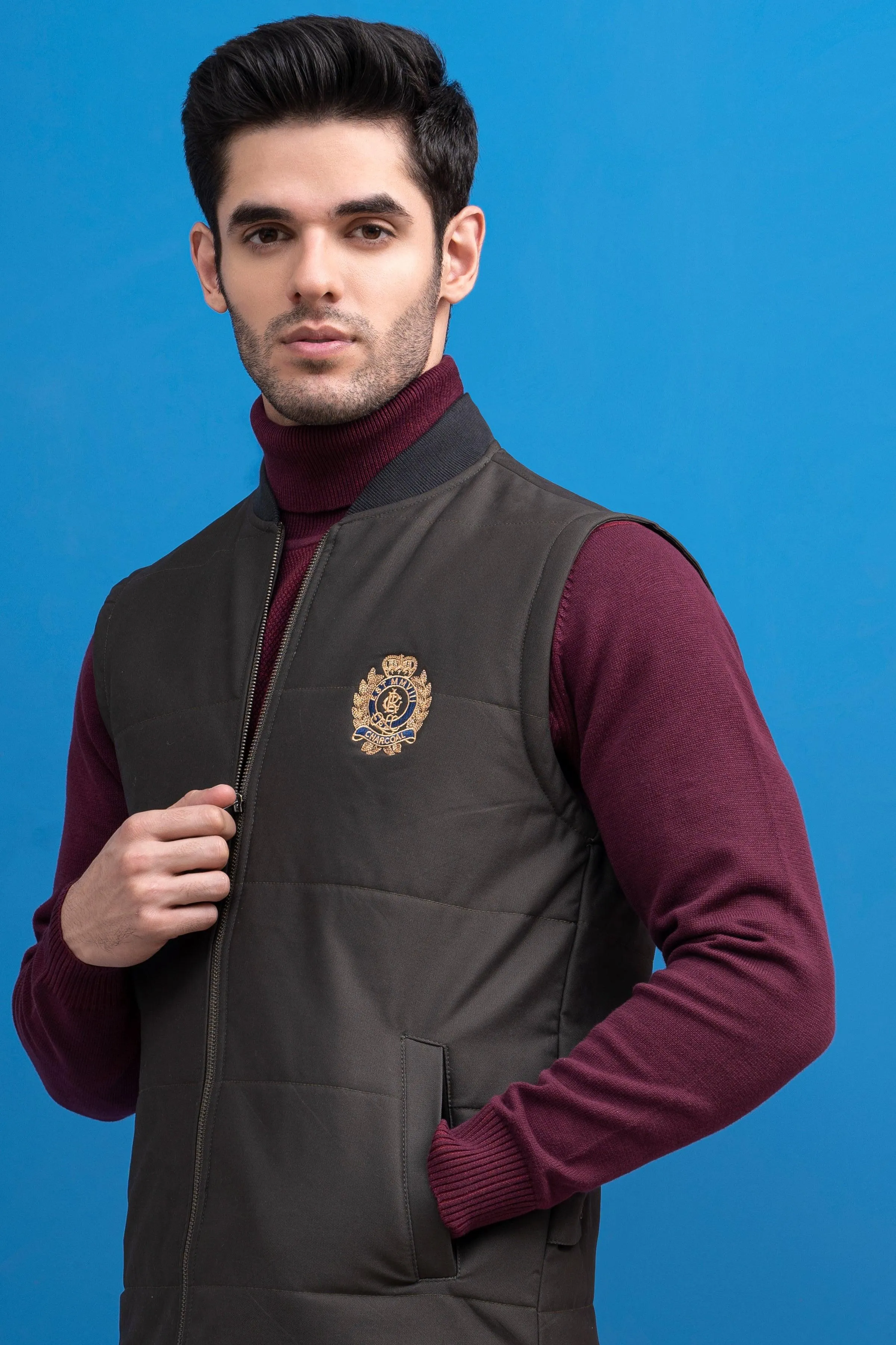 JACKET QUILTED WITH RIB BAN S/L OLIVE GREY