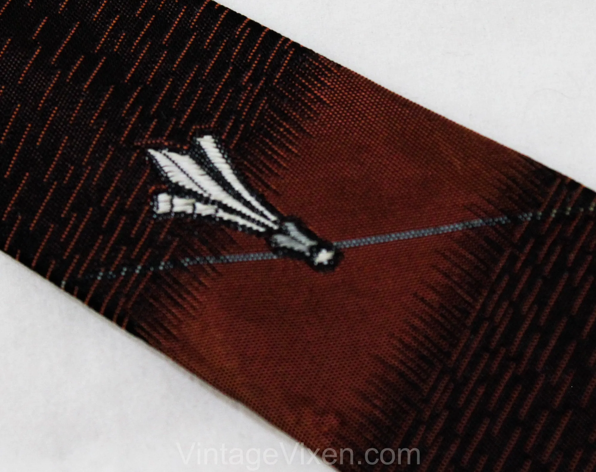 Men's 50s Skinny Tie - Mid Century Design Brocade - Copper Brown & Black 1950s Necktie with Modernist Crest - Mid 50's Downtown Office Wear
